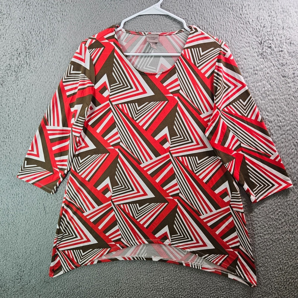 Chico's Easy Wear Top Blouse Women Size 2 Geometric Comfy Brown White Red
